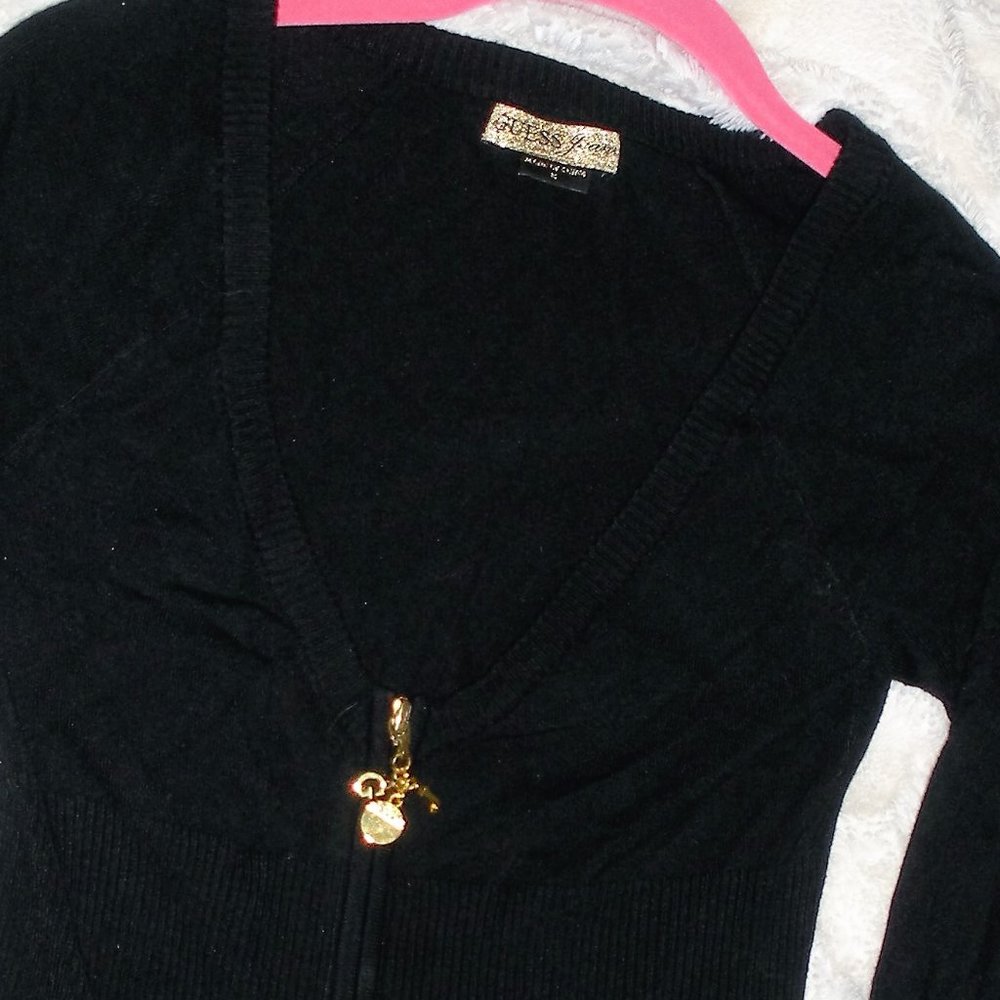 Vintage GUESS Black Front zip V neck cardigan SZ: M - Picture 5 of 6